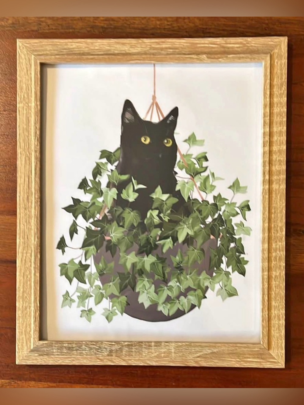 Framed 8x10  Black Cat in Hanging Planter Wall Art - Green & Black